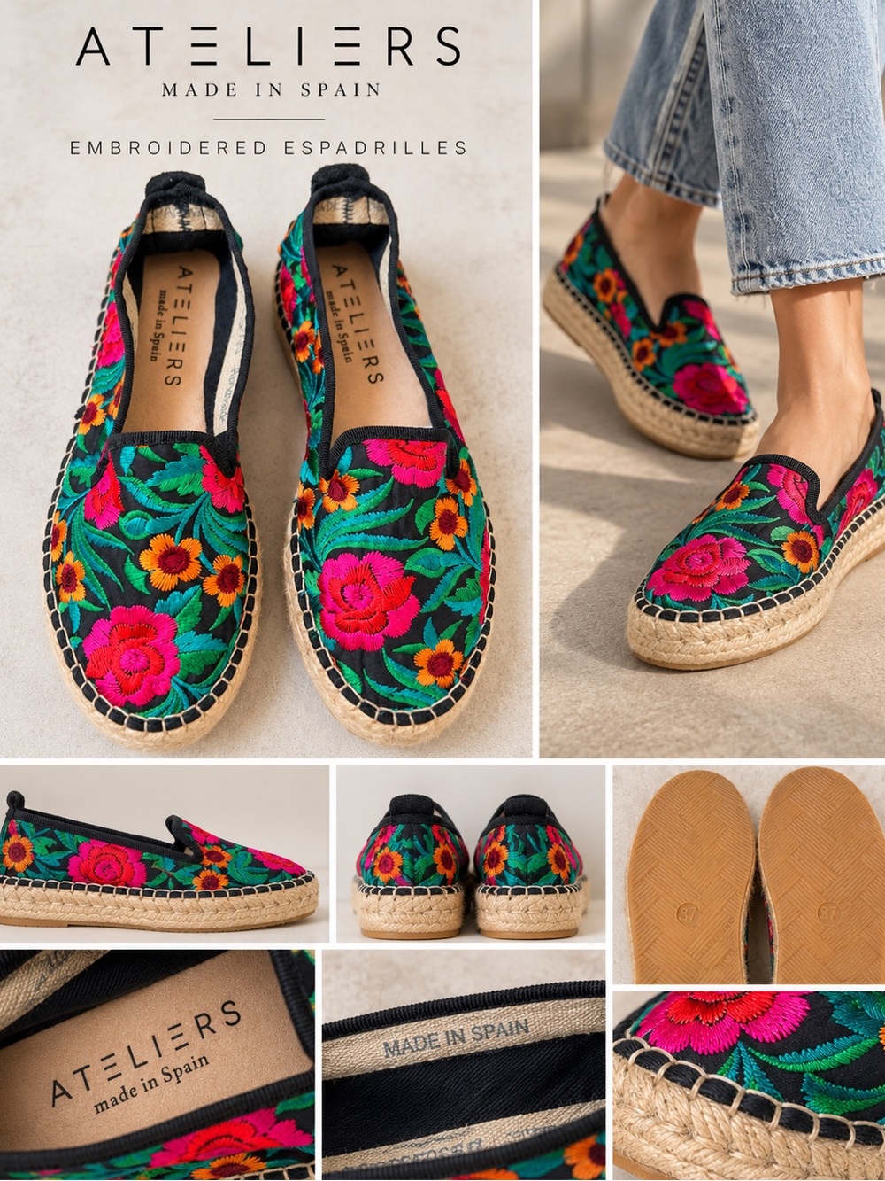 Ateliers Floral Embroidered Platform Espadrilles Size 37 Made in Spain